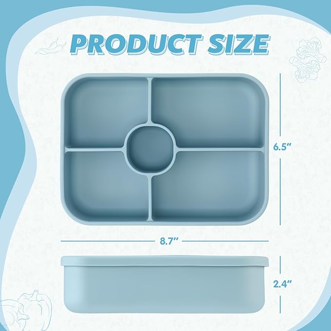 Jingmore 4 Pack Silicone Bento Boxes for Adults, 5 Compartment Reusable Lunch Containers with Sauce Section, Leakproof Meal Prep Snack Box Microwave & Dishwasher Safe for Office(Blue)