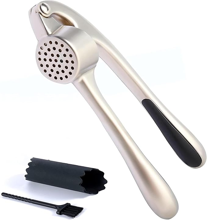 Premium Garlic Press Stainless Steel - Elevate Your Culinary Experience with Our Premium Garlic Mincer, Crusher & Peeler Set, Dishwasher Safe & Rust-proof (Imperial Silver)