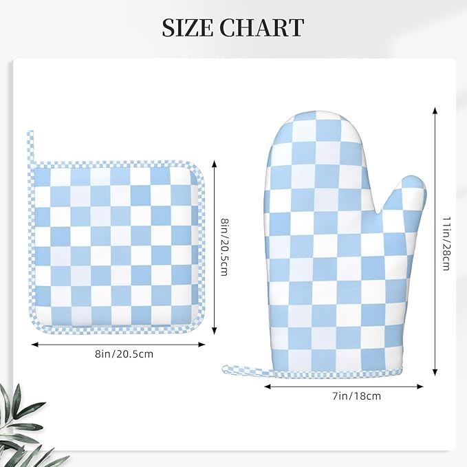 Oven Mitts and Pot Holders Set, Checkerboard Pattern Pastel Blue Silicone Kitchen Accessories 4 Piece Heat Resistant Long Gloves Potholder Non-Slip Grip for Chef Cooking Baking Grilling BBQ