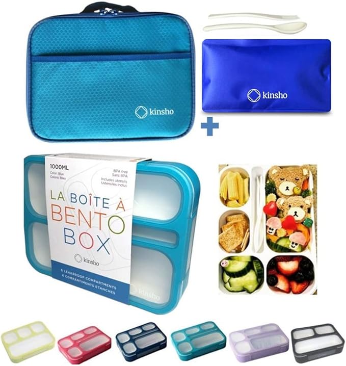 kinsho Lunch Boxes for Kids Boys Teens - Bento Box Set with Insulated Bag and Ice Pack, 6 Compartment Leak Proof Food Container, BPA-Free, Microwave Safe, Ideal for School & Work, Blue