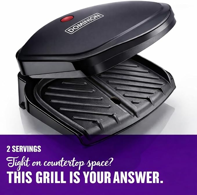Dominion 2-Serving Classic Plate Electric Indoor Grill and Panini Press, Easy Storage & Clean, Perfect for Breakfast Grilled Cheese Egg & Steak, Black