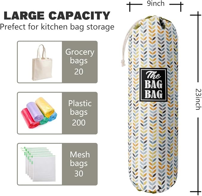 E-1 Leafage Grocery Bag Holder & Organizer - Wall Mount Plastic Bags Storage Container Dispenser - Kitchen Gifts For Women, Family & Friends