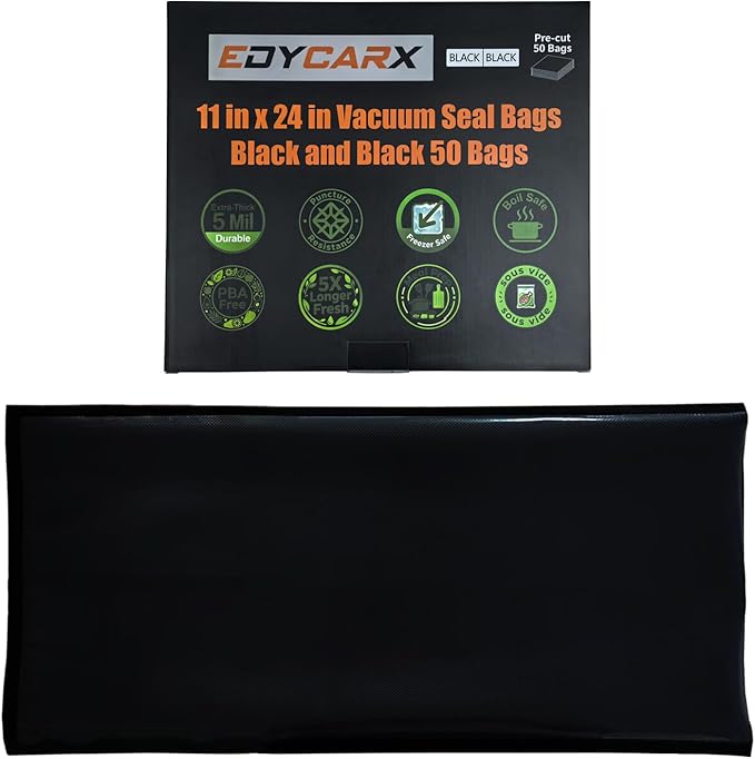 11" x 24" All Black Vacuum Seal Bags (Black and Black), Precut Vacuum Sealer Bags for Food Storage, Heavy Duty Commercial Grade 5 Mil Vacuum Bags, 50 Count