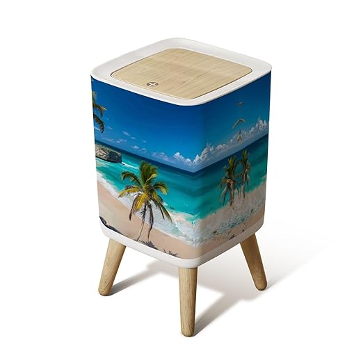 Small Trash Can with Lid Drone Photo Bottom Bay Barbados Wastebasket with Press Cover Dog Proof Garbage Can Waste Bin for Kitchen Bathroom Nursery 2.6 Gallon