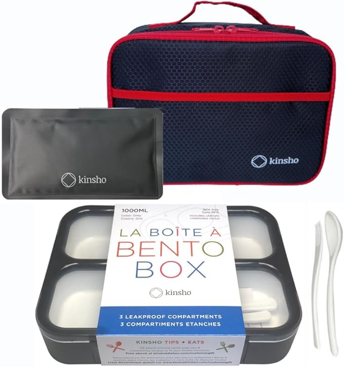 kinsho Lunch Boxes for Kids Boys Teens - Bento Box Set with Insulated Bag and Ice Pack, 3 Compartment Leak Proof Food Container, BPA-Free, Microwave Safe, Ideal for School & Work, Black & Red