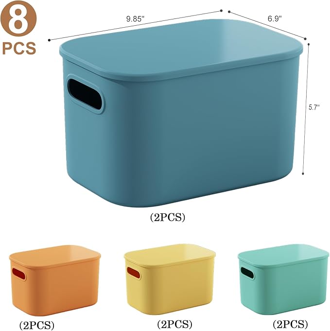 ORGIDOL 8 Pack Colorful Storage Bins with Lids Stackable Storage Container for Organizing, Storage Boxes with Handle for Shelves, Cute Storage Bin for Craft, Snacks, 9.85x6.9x5.7 inch