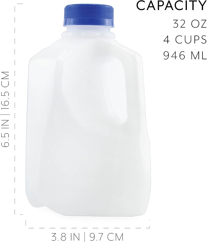 Cornucopia Brands 32oz Plastic Jugs (6-Pack); 1-Quart / 32-Ounce Bottles w/Caps for Juice, Water, Sports and Protein Drinks and Milk, BPA-Free
