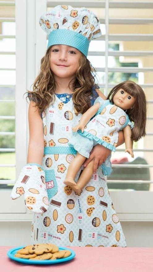 Handstand Kitchen Child's 100% Cotton Bright Pastel Print Apron, Mitt and Chef's Hat Set - Milk & Cookies