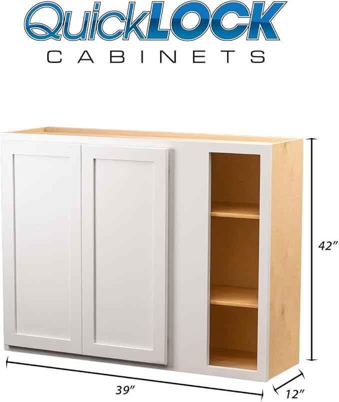 Quicklock RTA (Ready-to-Assemble) 42" Tall Wall Kitchen Cabinets - Shaker Style | 100% Hardwood | Made in America | Soft Close Hardware (12" D x 39" W x 42" H Blind Corner, Pure White)