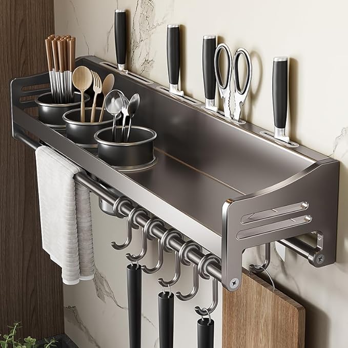 kitchen utensil hanger, wall mounted rail with hooks, waterproof hooks for utensils, easy installation without drilling (27.56 inches, Cups, 3)