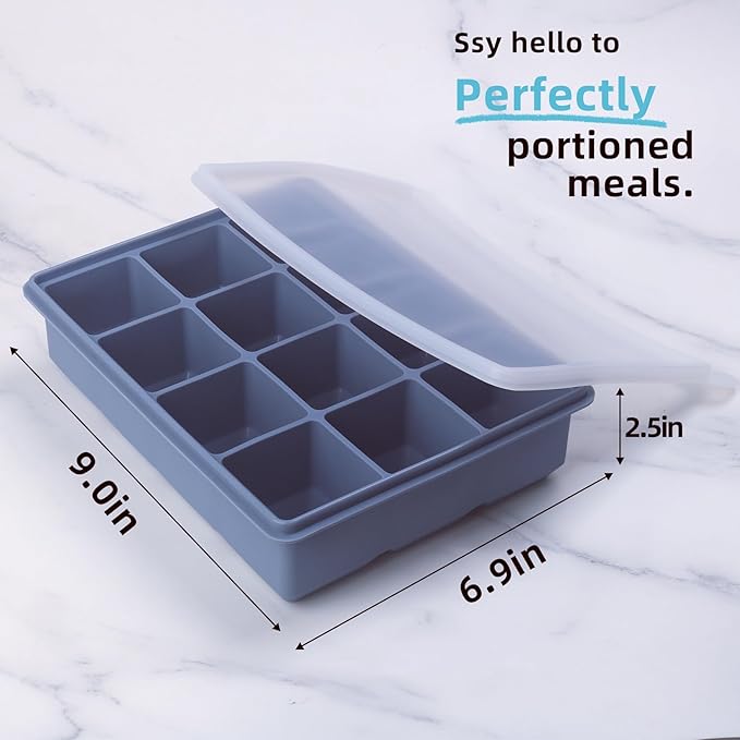 1/2 Cup Silicone Freezer Tray With Lid - Silicone Freezer Molds 2-Pack For meal prep & freezing of various sauces and other dishes, makes 24 perfect 1/2 cup portions cubes (Blue 2 Pack)