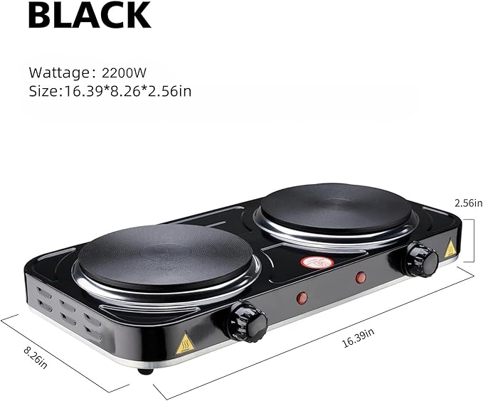 Electric Hot Plate, 2200W Countertop Burner, Cast Iron 2 Burners, Portable Electric Burner Stove, Portable Double Burners for Cooking,Easy to Clean, Black