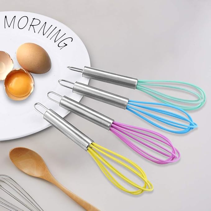 4 Pack Colorful Mini Silicone Kitchen Whisks with Stainless Steel Handles for Milk Egg Blending Stirring Whisking and Beating(4 Colors,6 Inches)