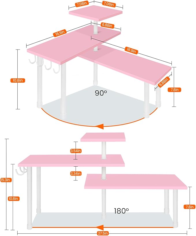 Homode 3-Tier Counter Organizer Shelf for Bathroom, Corner Shelf for Countertop, Over Sink, Make Up, Dresser Table, Desktop - Pink