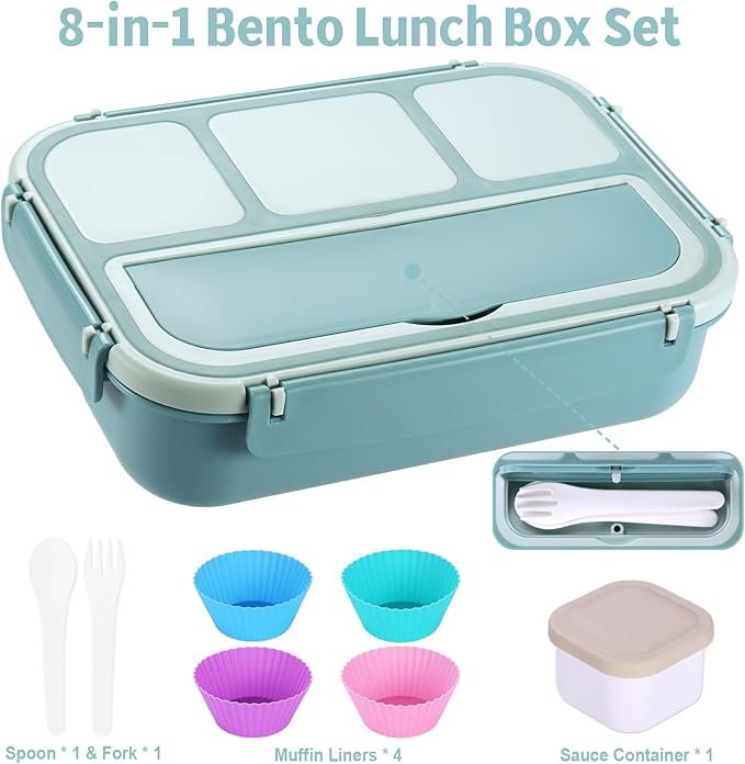 shell and turtle Bento Box Adult Lunch Box, Lunch Containers for Kids Girls Boys with 4 Compartments, Lunchable Food Container with Utensils, Sauce Jar, Muffin Liners, 40 Oz/5 Cup, Light Teal