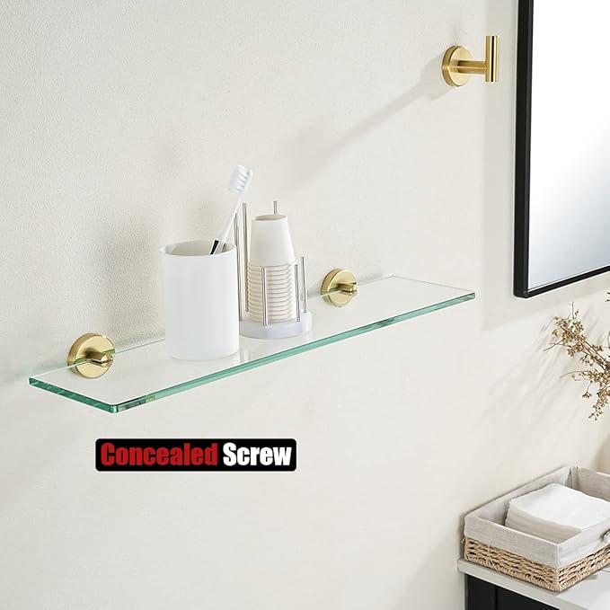 JQK Bathroom Glass Shelf Gold, Tempered Glass Shower Storage 20 by 5 inches, 304 Stainless Steel Brushed Gold Wall Mount, TGS101L20-BG
