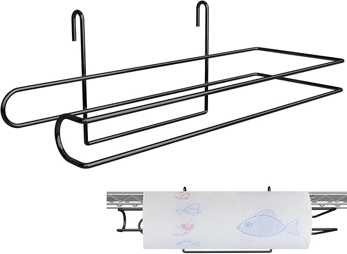 CroBlissful Paper Towel Holder for Wire Shelving 5'' D x 12'' W x 4.5'' H Hanging Paper Towel Holder Wire Shelf Accessories for Camp Dorm Laundry Room Stove Kitchen (Black)