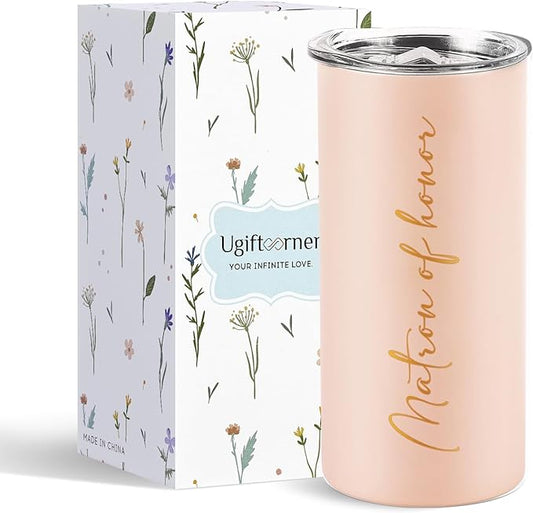 Bridesmaid Gifts Matron of Honor Cups Bridesmaid Proposal Gifts Wedding Bachelorette Party Favors Stainless Steel Insulated Skinny Tumbler with Lid and Straw 15 OZ Pink