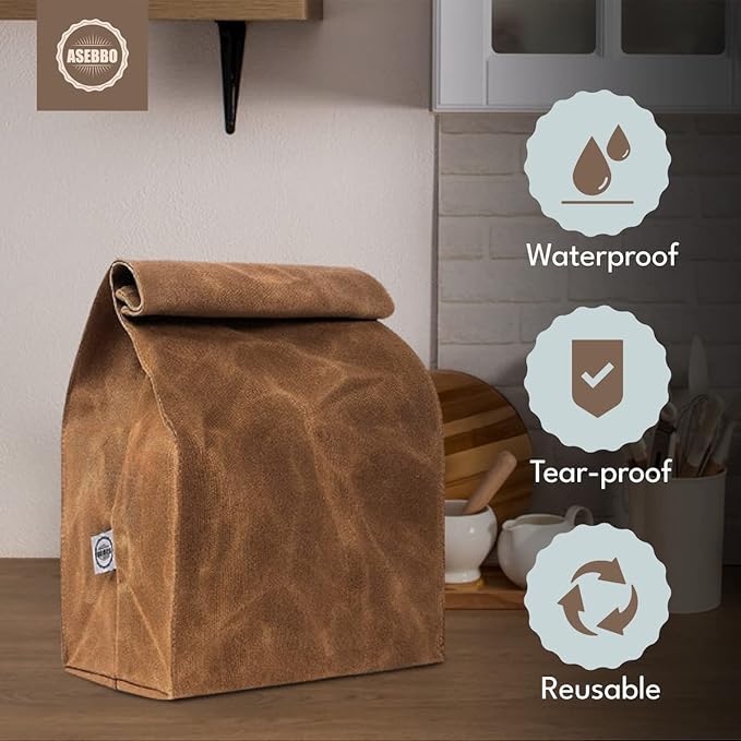 ASEBBO Waxed Canvas Lunch Bag – Reusable Insulated Paper Bag-Style Lunchbox for Adults – Leakproof & Durable Sack Lunch Box for Work, Picnic & Travel – Stylish Brown Bag Cooler with Shoulder Strap