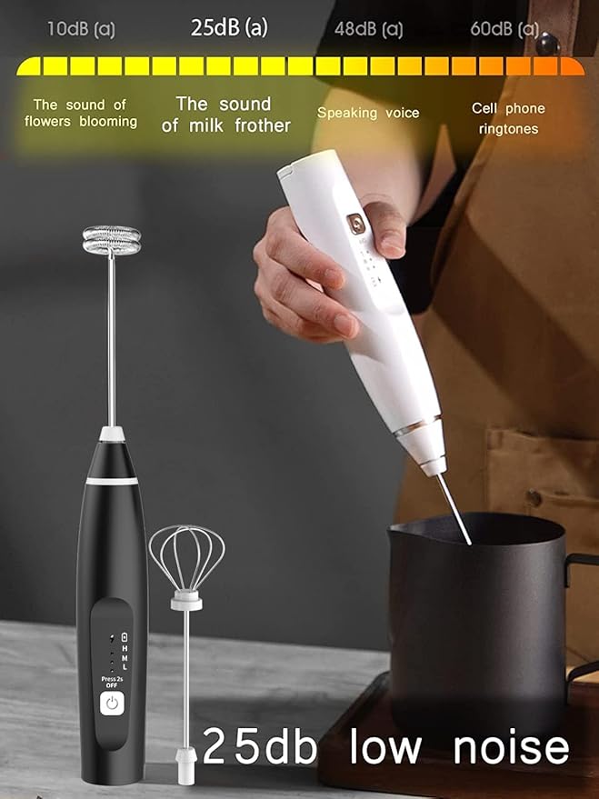 Milk Frother Handheld Foam Maker with 2 Stainless Stirring Head 3 Speed Rechargeable Electric Blender Milk Frother Wand Drink Mixer for Cappuccino Matcha Latte Hot Chocolate Protein Powder Egg (Black)