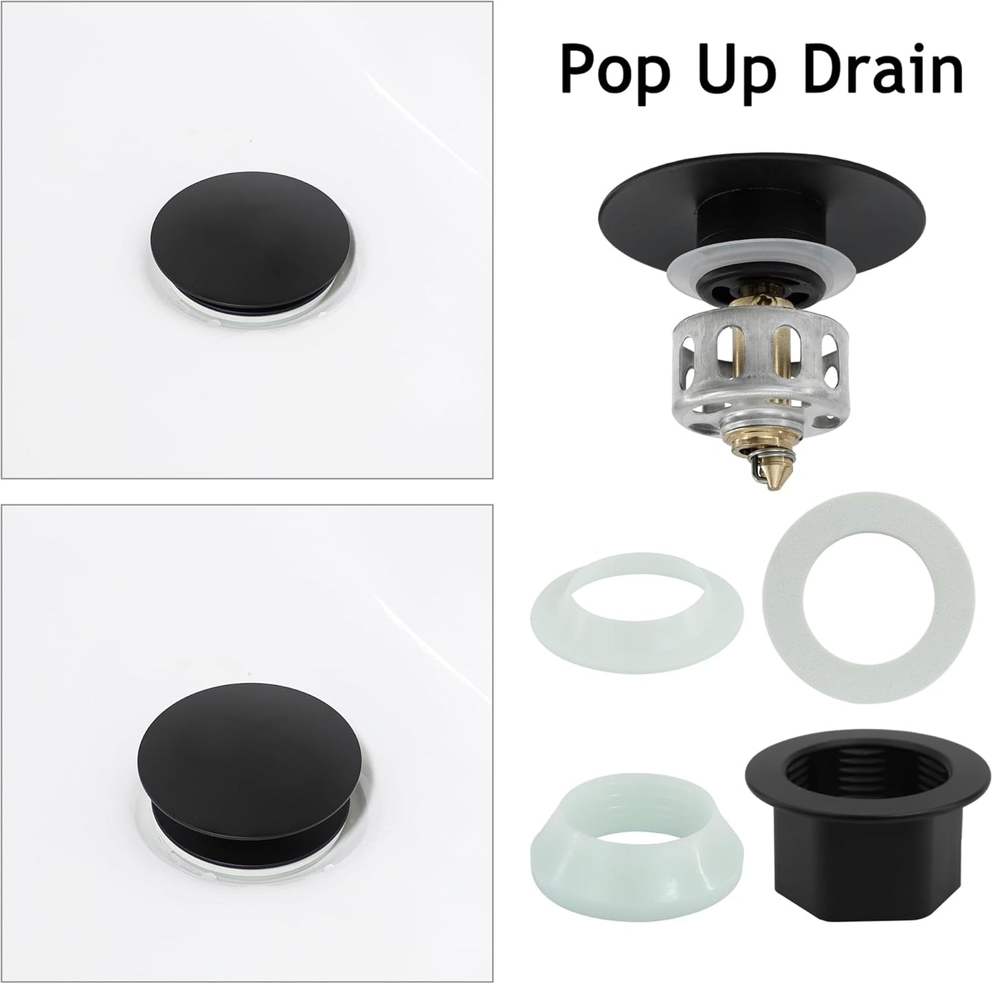 Bathroom Sink Drain,4 Pack Drain Stopper Without Overflow,Pop Up Drain Assembly with Detachable Strainer Basket,Built-in Anti-Clogging, Stainless Steel Nut Mattle Black