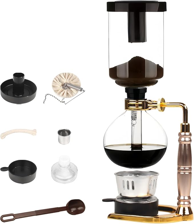 Stovetop Siphon Coffee Maker, Manual Vacuum Coffee Maker 3-Cup (360ml) with Alcohol Burner, Adjustable Buffer Clamp, Stainless Steel Bracket Base for Coffee Aficionados