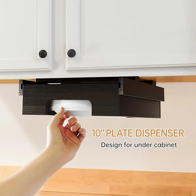 Paper Plate Dispenser,10-inch Bamboo Paper Plate Dispenser Under Cabinet, Kitchen Counter Vertical Paper Plate Holder Organizer Countertop Caddy Black