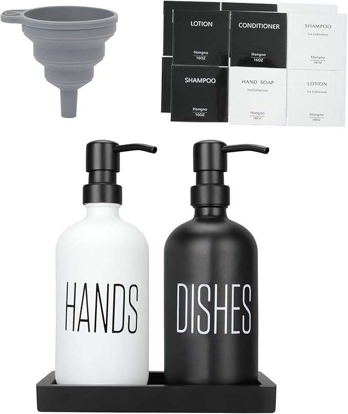 Kitchen Soap Dispenser Set with Silicone Tray, Premium Glass Hand and Dish Soap Dispenser Set for Kitchen Sink, Rustproof Stainless Steel Pump, Modern Kitchen Décor & Versatile Gift for Any Occasion