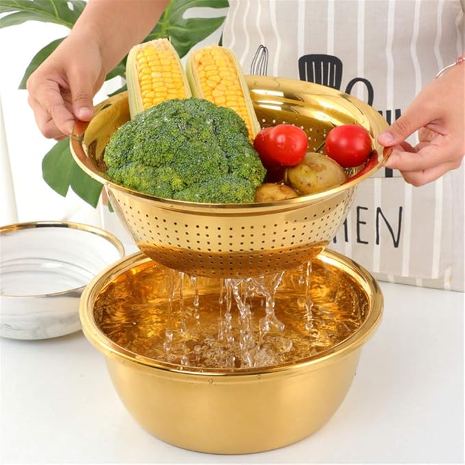 3-In-1 Multifunctional Grater Basin Colander Strainer Set, Mingcheng Stainless Steel Kitchen Grater/Drain Basket/Bottom Basin for Washing Rice, Fruits, Vegetable, Grater with Container (Silver)