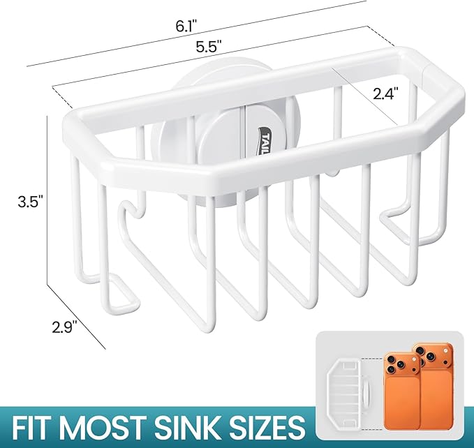 TAILI Sponge Holder for Kitchen Sink with Strong Suction Cup, Rustproof Aluminum Sink Caddy for Sponges, Brushes, Stoppers & Scrapers, White