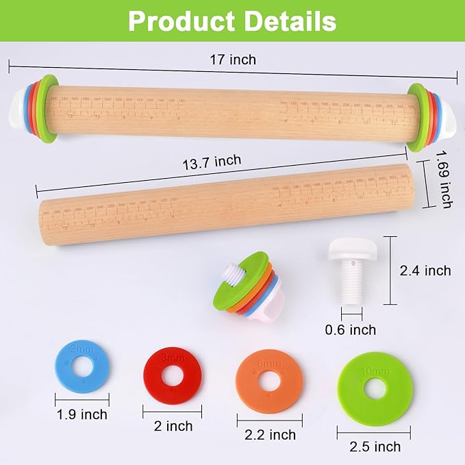 Wood Rolling Pin with Thickness Rings, Adjustable Wooden Rolling Pins for Baking, Dough Roller Pins for Cookie Pastry Tools Cake Baker, Fondant Roller for Decorating Bakery Supplies Kitchen Gadgets