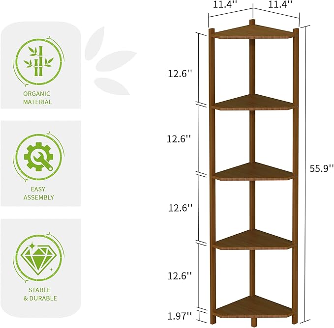 Wisuce Corner Shelf, 100% Real Bamboo Shower Corner Shelves Free Standing Shelf Storage Organizer for Bathroom Living Room Kitchen (Brown, 5 Tier)