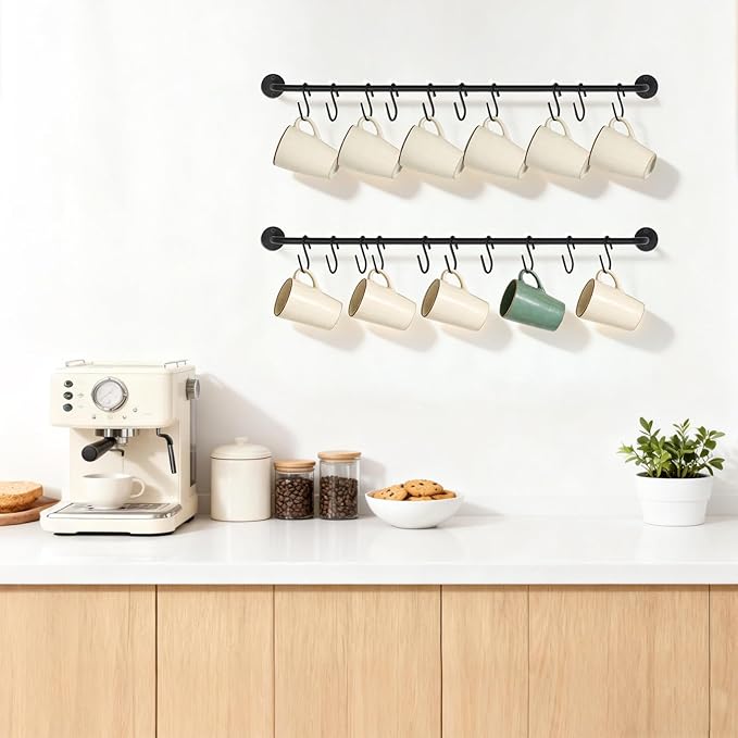 Mkono Mug Holder Wall Mounted Coffee Cup Rack Hanger Modern Metal with 20 Mug Hooks Rustic Utensil Tea Cups Storage Organizer for Kitchen Dining Room Coffee Bar, Set of 2, Black