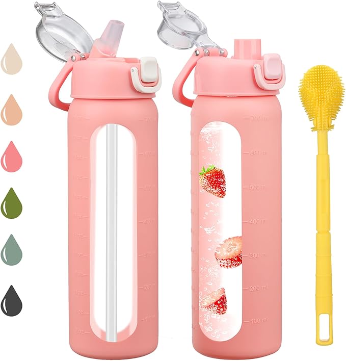 chunmo 24 oz Glass Water Bottles with 2 Lids-Handle Spout Lid & Straw Lid, Motivational Water Bottle with Time Marker and Silicone Sleeve,Leakproof-Pink-1 Pack