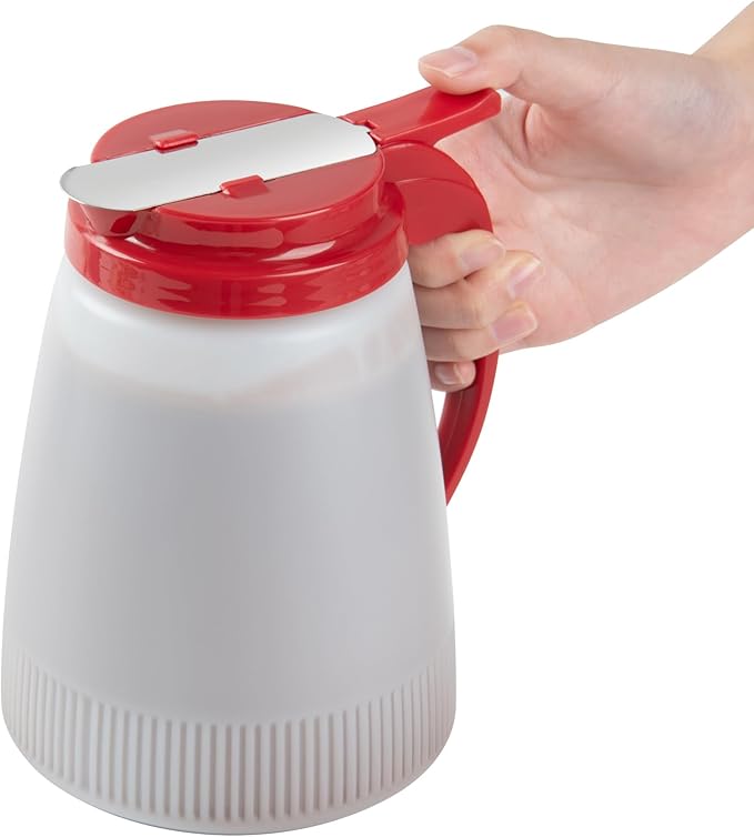 Restaurantware-Chef 101 48 Ounce All Purpose Syrup Dispenser, 1 Honey Dispenser - Red Top, Stainless Steel Slide Cover, Plastic Pancake Syrup Bottle, Perfect For Diners, Restaurants, Home