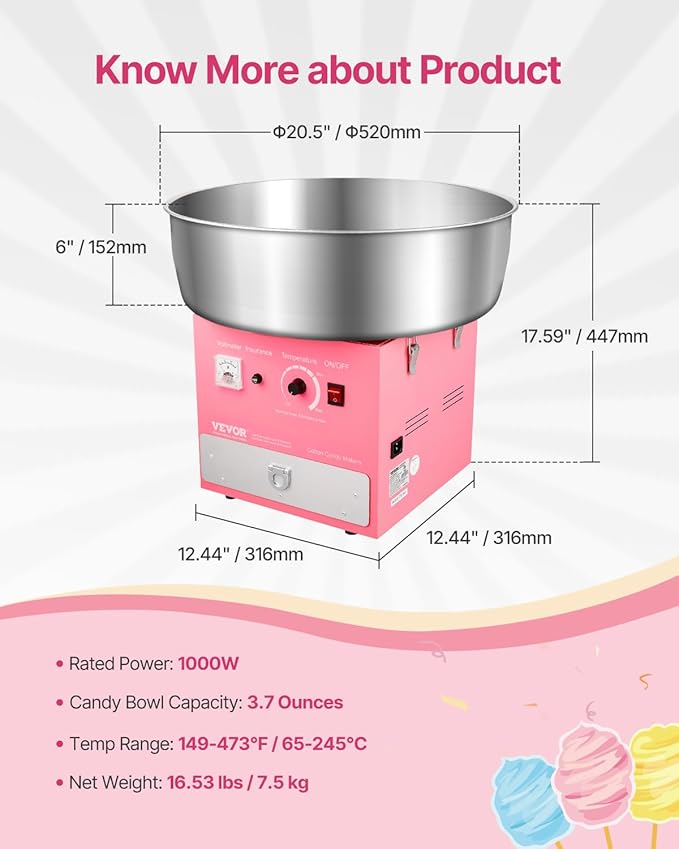 VEVOR Electric Cotton Candy Machine, 1000W Commercial Candy Floss Maker with 20.5 in Stainless Steel Bowl, Sugar Scoop, and Drawer, Easy Home Use, Perfect for Kids Birthday, Family Party, Pink
