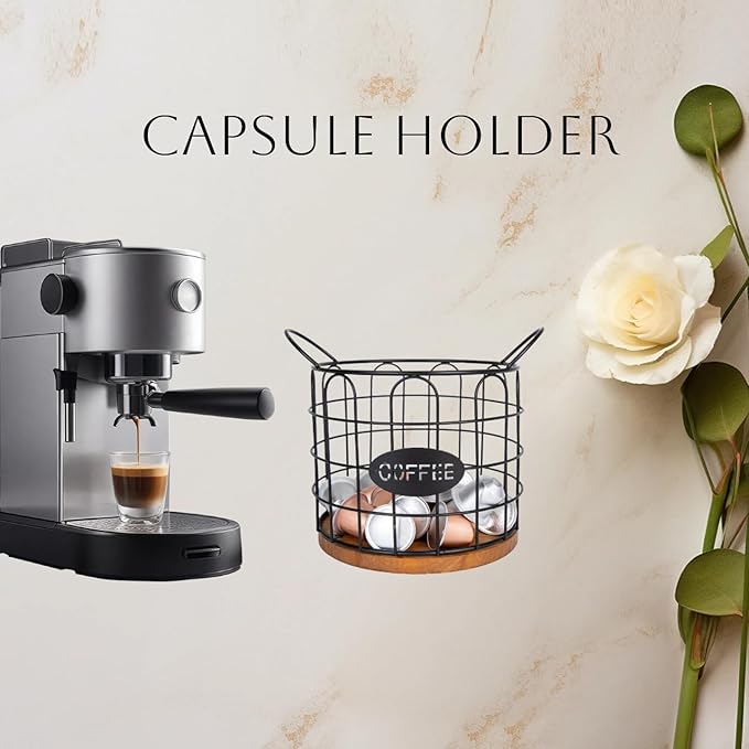 Coffee Pod Holder, Large Capacity K Cup Holder Organizer,Big Metal Capsule Storage Basket with Wooden Base, Coffee Bar Decor Station Accessories for Kitchen Counter Office Desktop (Black)