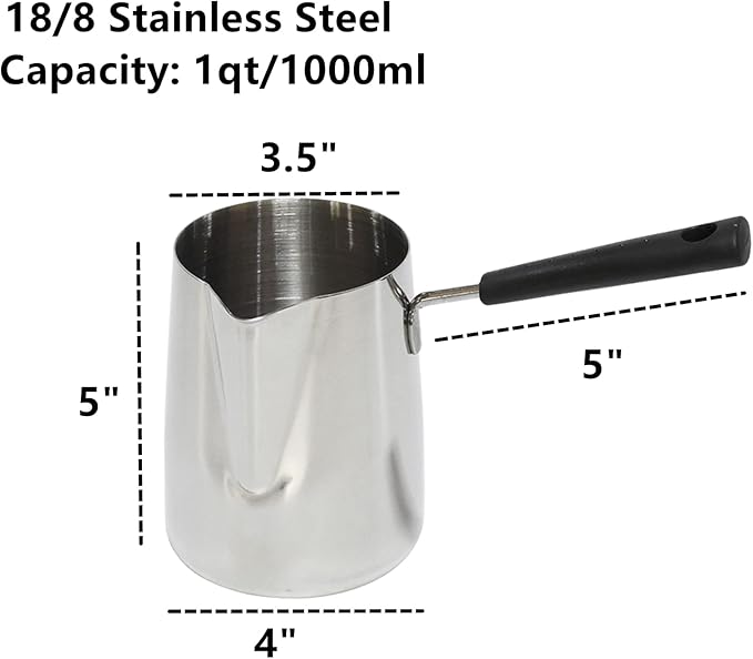 Dicunoy Milk Butter Warmer Pot, 1qt Turkish Coffee Pot with Spout, Large Stovetop Melting Boiling Cezve Ibrik Briki Greek Arabic Coffee Maker for Chocolate Heating, Camping, 18/8 Stainless Steel