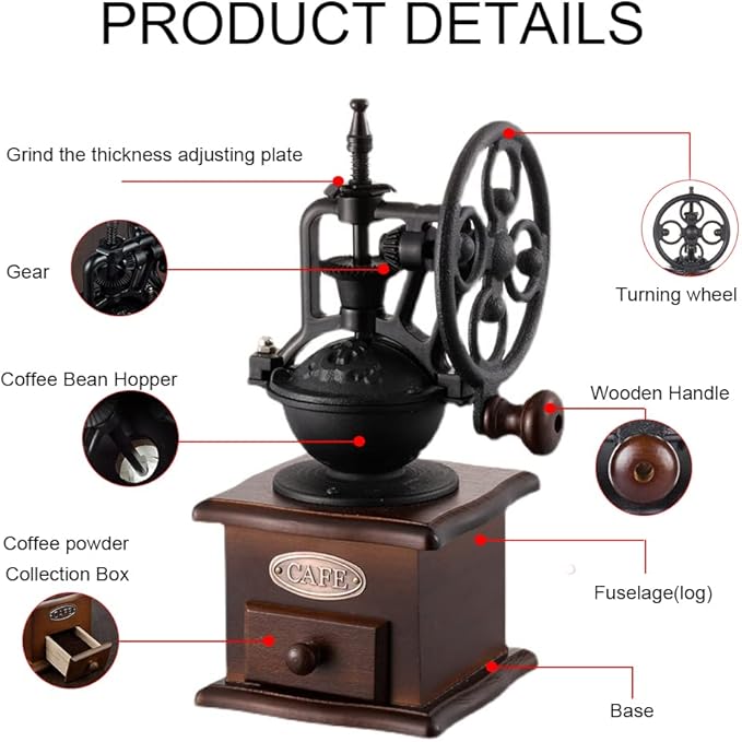 Burr Coffee Grinder, Vintage Style Wooden Hand Grinder, Classic French Press Coffee Mill With Brush