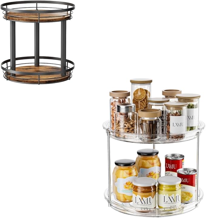 LAMU 2 Tier 9'' Lazy Susan Turntable Organizer for Cabinet and 10'' Wood Lazy Susan Spice Rack