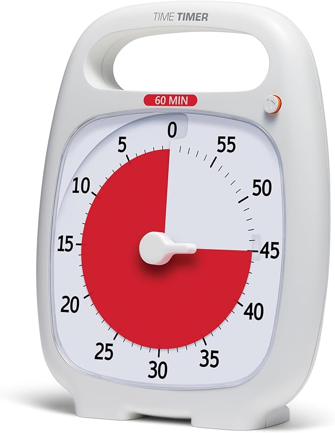 Time Timer Plus 60 Minute Desk Visual Timer — Countdown Timer with Portable Handle for Classroom, Office, Homeschooling, Study Tool with Silent Operation (White)