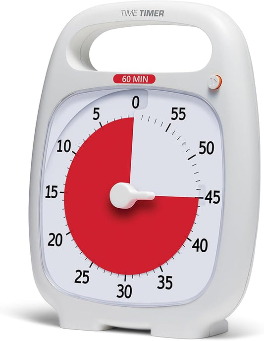 Time Timer Plus 60 Minute Desk Visual Timer — Countdown Timer with Portable Handle for Classroom, Office, Homeschooling, Study Tool with Silent Operation (White)