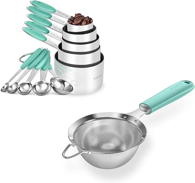 U-Taste 10 Piece Measuring Cups and Spoons Set in 18/8 Stainless Steel, and 18/8 Stainless Steel 3.9 inch 30 Mesh Strainer (Aqua Sky)