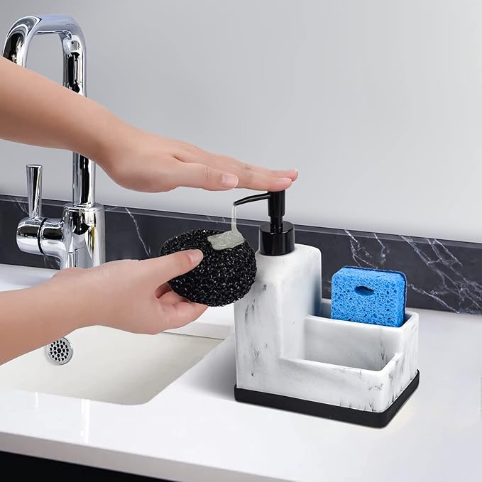 Dish Soap Dispenser with Sponge Holder,White Marble Look Liquid Hand and Dish Soap Dispenser and Spong Caddy with Brush Holder 3 in 1 Countertop Organizer for Kitchen Sink and Bathroom,White