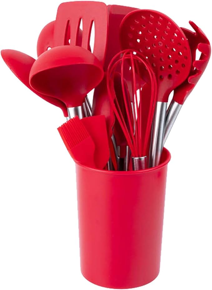Silicone Kitchen Tools - Non - Stick, Anti - Slip, High - Temperature Resistant, Scald - Proof 14 - Piece Set with Stainless Steel Tube Handles & a Storage Bucket (Red)