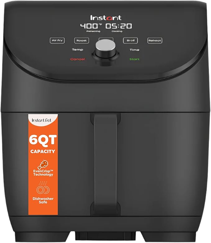 Instant Pot Vortex Slim XL 6QT Air Fryer that Crisps, Roasts, Reheats, Bakes, Broils & is Quiet, Space Saving, Nonstick, Dishwasher-Safe, 100+ In-App Recipes, from the Makers of Instant Pot, Black