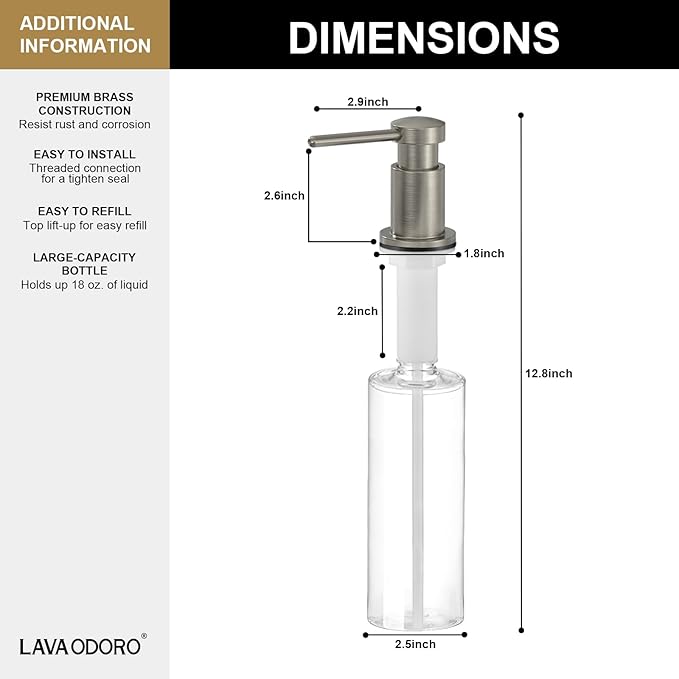 Lava Odoro Soap Dispenser for Kitchen Sink, Modern Brass Built in Countertop Pump Dispenser with 18 Oz Refillable Bottle, Kitchen Soap and Lotion Dispenser Spot-Free, Brushed Nickel, KSD-21