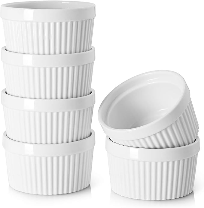 DOWAN Ramekins 12 oz Oven Safe, Creme Brulee Ramekin Souffle Dishes for Baking, Porcelain Samll Bowls for French Onion Soup, Dessert Custard Cups Sauce Dish, Set of 6, Soft White