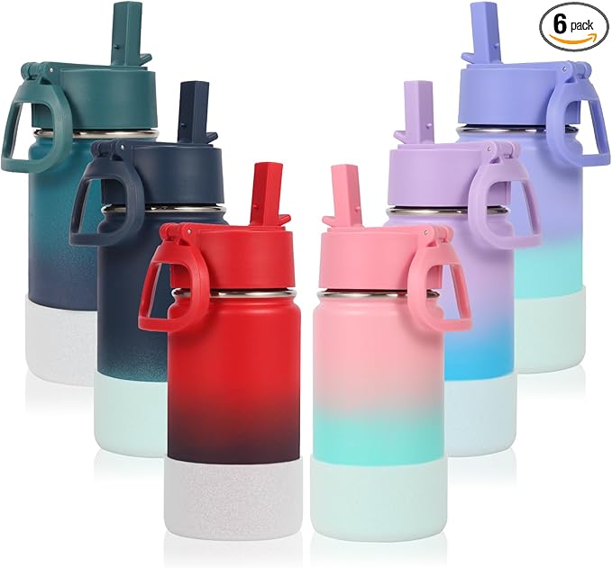 Volhoply 14oz KIds Water Bottle with Straw Lid and Silicone Boot Bulk 6 Pack,Stainless Steel Insulated Cups for Boys & Girls Multipack,Double Wall Vacuum Leakproof Bottles(Assorted,6)