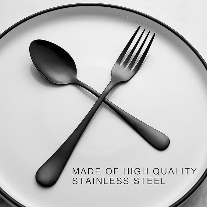 24 Piece Black Forks and Spoons Silverware Set for 12, Stainless Steel Dinner Forks(8 Inch) and Spoons(6.7 Inch) Black Silverware Set, Heavy-Duty Cutlery Set, Dishwasher Safe